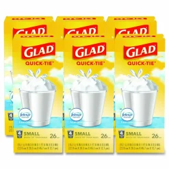 Glad OdorShield Quick-Tie Small Trash Bags, 0.5 mil, Tie-Flap, 4 gal, Febreze Fresh Clean Scent, 8 x 18, White, 26 Bags/Box, 6 Boxes/Carton
