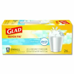 Glad OdorShield Quick-Tie Small Trash Bags, 0.5 mil, Tie-Flap, 4 gal, Febreze Fresh Clean Scent, 8 x 18, White, 26 Bags/Box, 6 Boxes/Carton