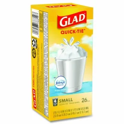 Glad OdorShield Quick-Tie Small Trash Bags, 0.5 mil, Tie-Flap, 4 gal, Febreze Fresh Clean Scent, 8 x 18, White, 26 Bags/Box, 6 Boxes/Carton