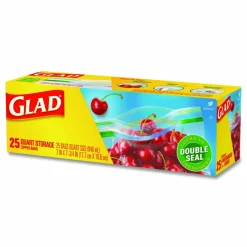 Glad Zipper Food Storage Plastic Bags, Quart Size, 7.75 x 7, Clear, 25 Bags/Box, 12 Boxes/Carton