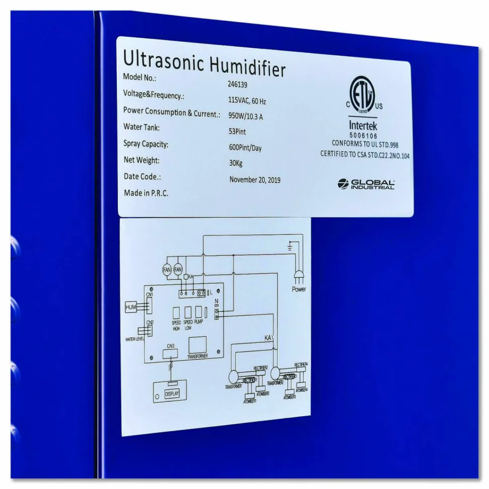 Global Industrial Ultrasonic Humidifier, Cool Mist with Dual Output, 53 pt Tank Capacity, 18.25 x 24.75 x 22.25, Blue