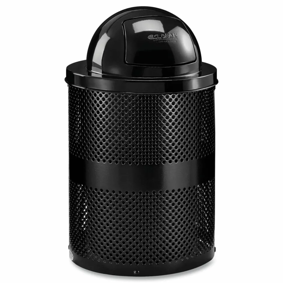Global Industrial Outdoor Perforated Steel Trash Can with Dome Lid, 36 gal, Steel, Black