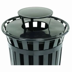 Global Industrial Outdoor Slatted Steel Trash Can, Rain Bonnet Lid, 36 gal, Black