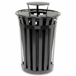 Global Industrial Outdoor Slatted Steel Trash Can, Rain Bonnet Lid, 36 gal, Black