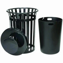 Global Industrial Outdoor Slatted Steel Trash Can, Rain Bonnet Lid, 36 gal, Black