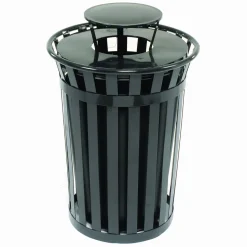 Global Industrial Outdoor Slatted Steel Trash Can, Rain Bonnet Lid, 36 gal, Black