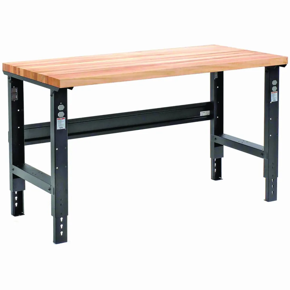 Global Industrial Standard Duty Butcher Block Top Adjustable Height Workbench, 2,000 lbs, 60 x 30 x 30.88 to 36.88, Black