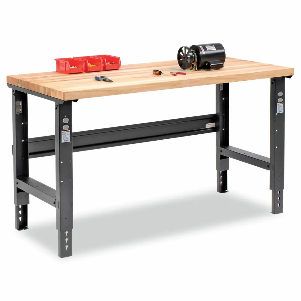 Global Industrial Standard Duty Butcher Block Top Adjustable Height Workbench, 2,000 lbs, 60 x 30 x 30.88 to 36.88, Black