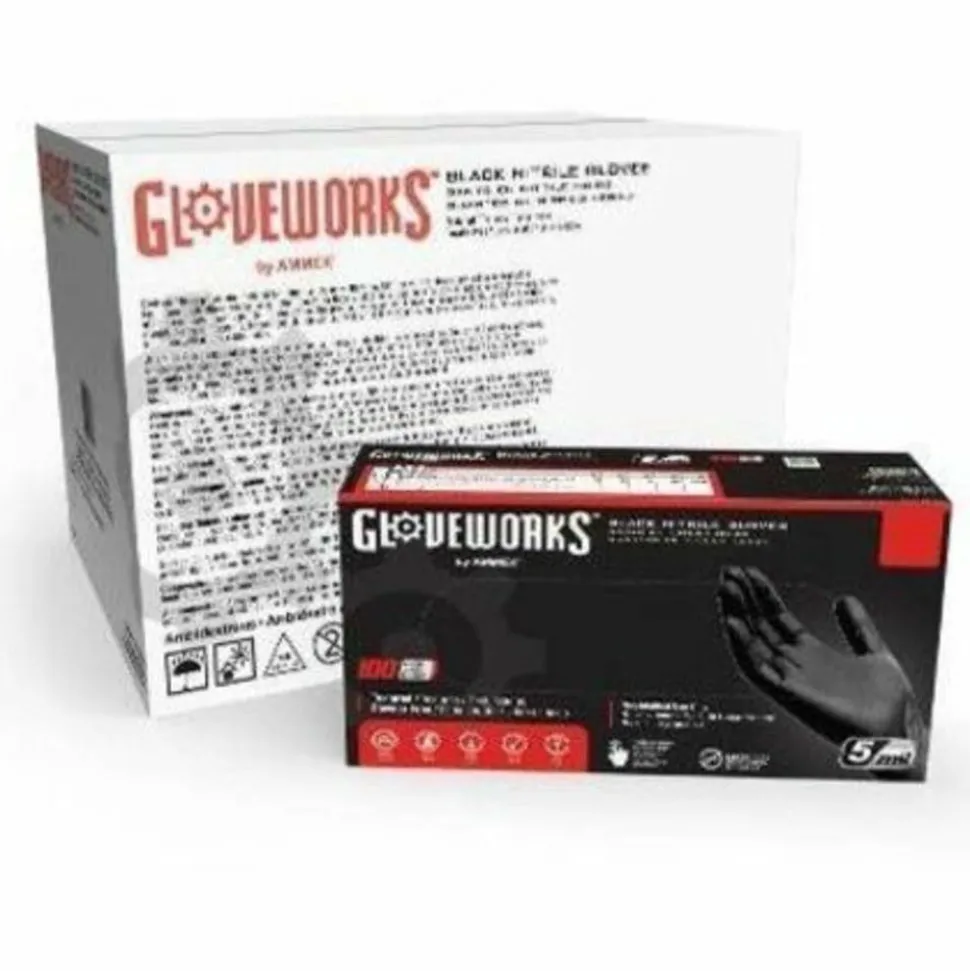 Gloveworks Black Nitrile Industrial Powder-Free Disposable Gloves, Large, Black, Box Of 100 Gloves