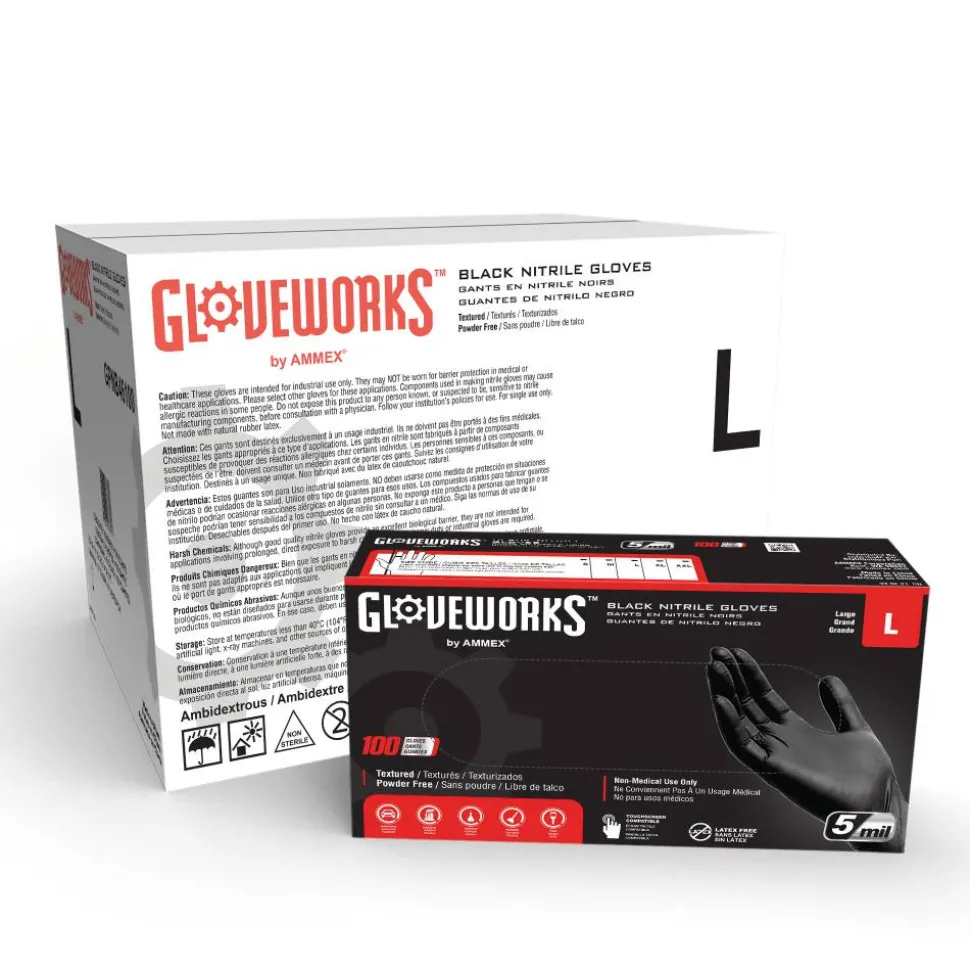 Gloveworks Black Nitrile Industrial Powder-Free Disposable Gloves, Large, Black, Box Of 100 Gloves