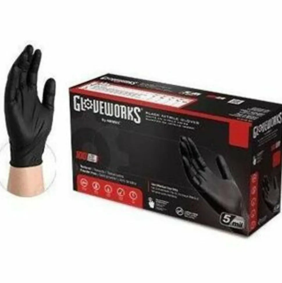 Gloveworks Black Nitrile Industrial Powder-Free Disposable Gloves, Large, Black, Box Of 100 Gloves