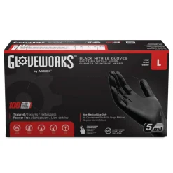 Gloveworks Black Nitrile Industrial Powder-Free Disposable Gloves, Large, Black, Box Of 100 Gloves