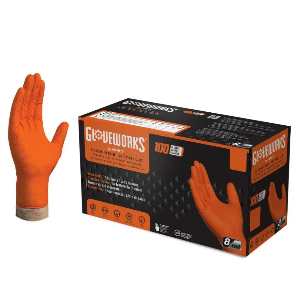 Gloveworks GWON Heavy Duty RDT Nitrile Gloves, Medium, Orange, 100 Gloves Per Box