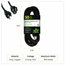 GoGreen Power 14 AWG Lighted End Heavy-Duty Extension Cord, 50 ft, 15 A, Black