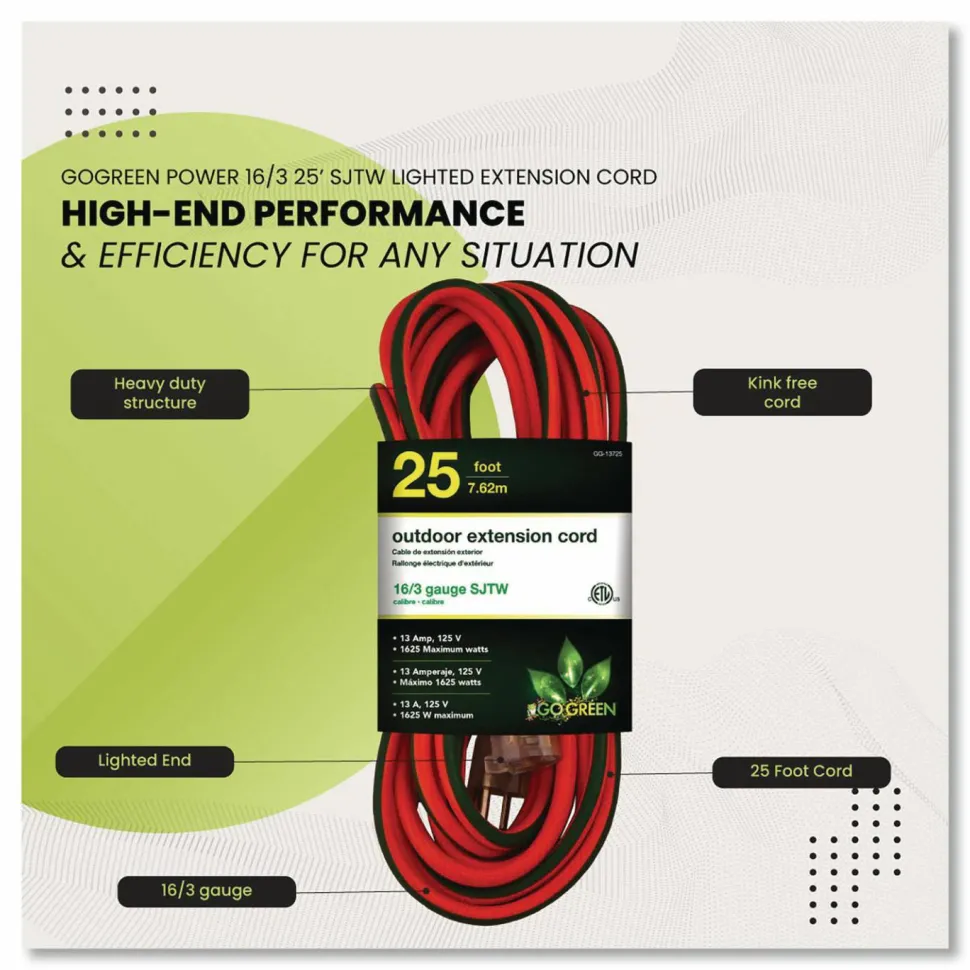 GoGreen Power 16 AWG Outdoor Extension Cord, 25 ft, 13 A, Orange