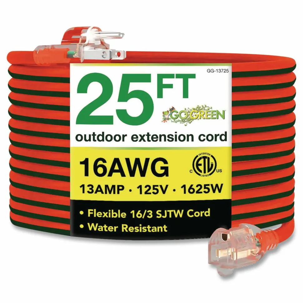 GoGreen Power 16 AWG Outdoor Extension Cord, 25 ft, 13 A, Orange