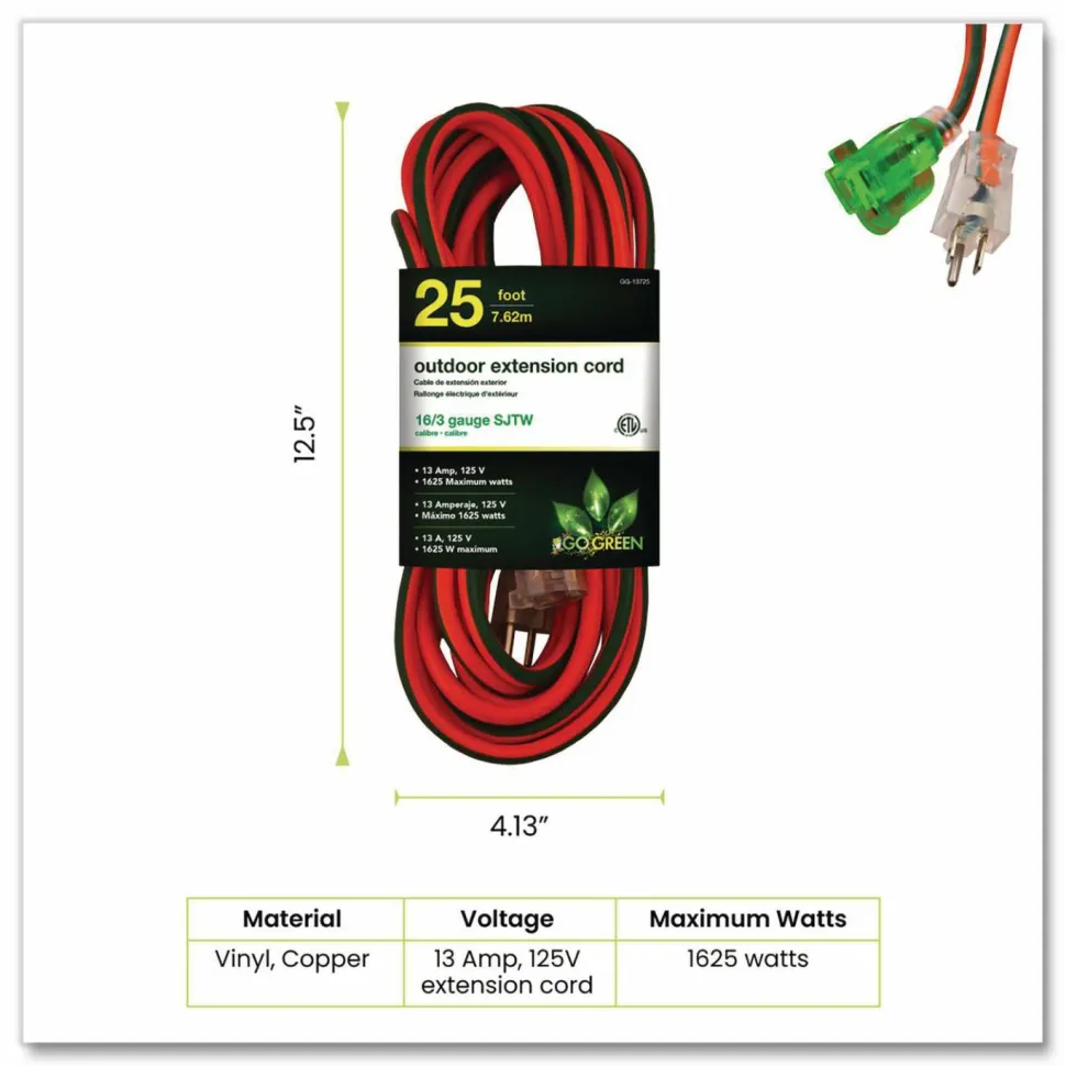 GoGreen Power 16 AWG Outdoor Extension Cord, 25 ft, 13 A, Orange