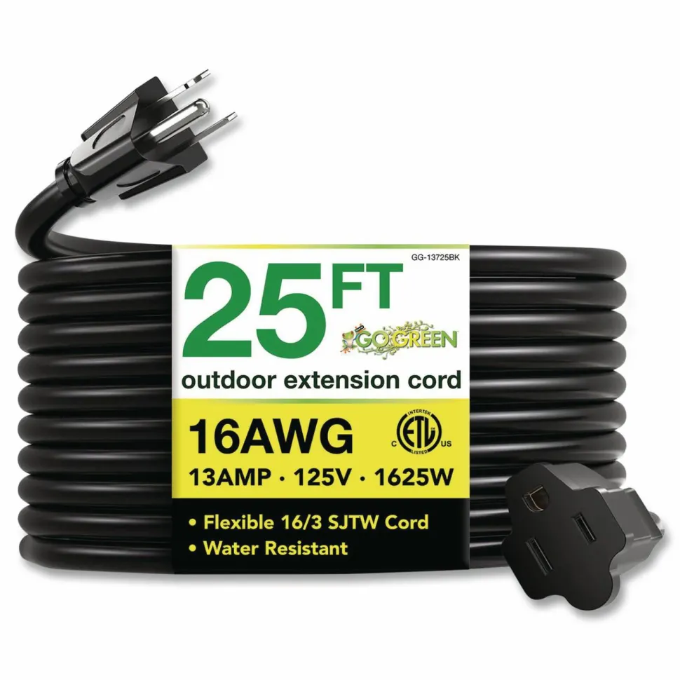 GoGreen Power 16 AWG Outdoor Extension Cord, 25 ft, 13 A, Black