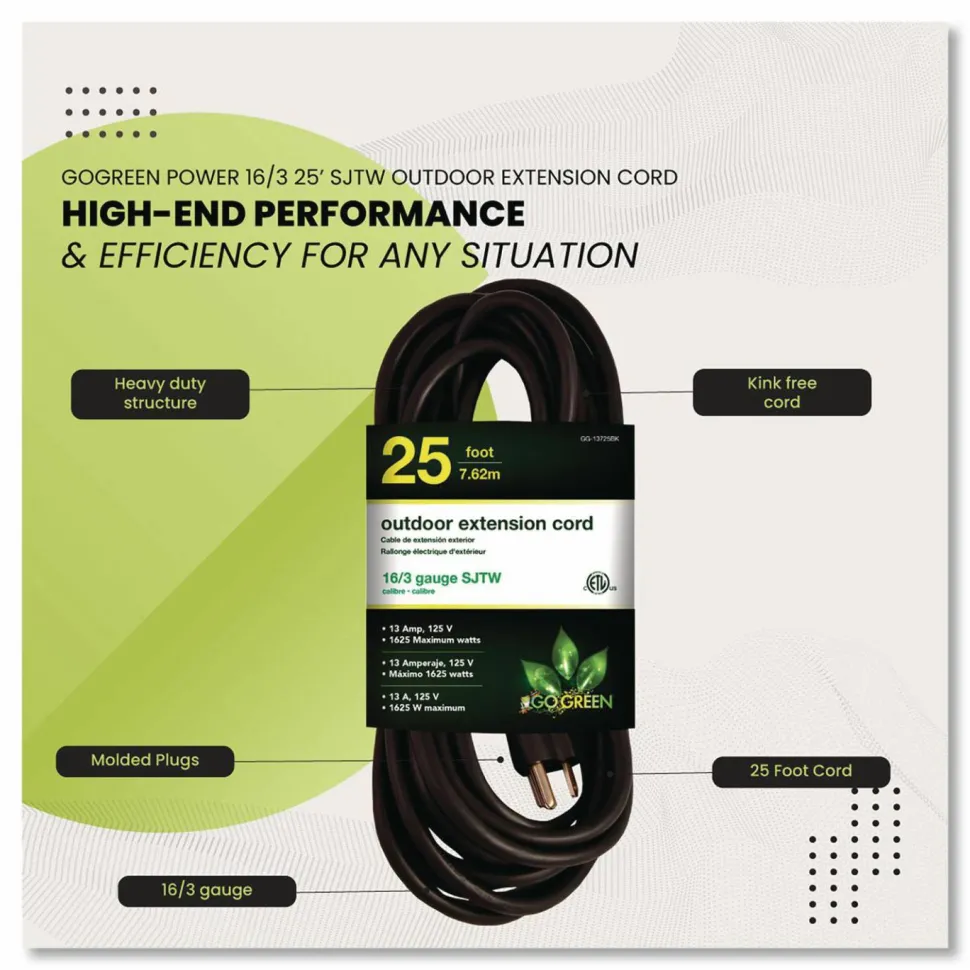GoGreen Power 16 AWG Outdoor Extension Cord, 25 ft, 13 A, Black