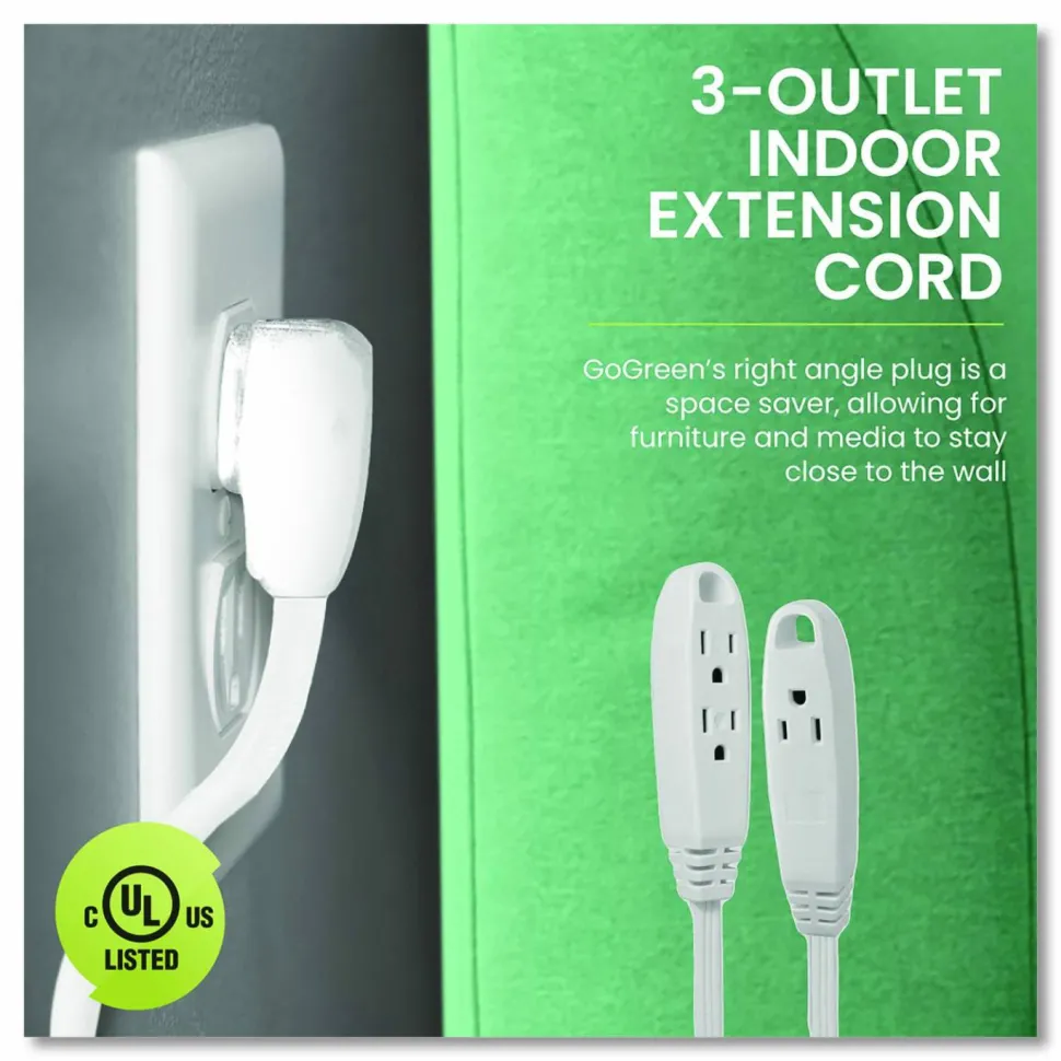 GoGreen Power 3 Outlet Indoor Extension Cord, 8 ft, 13 A, White