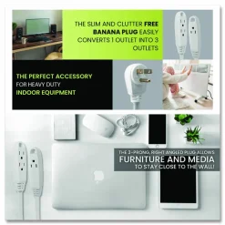 GoGreen Power 3 Outlet Indoor Extension Cord, 8 ft, 13 A, White