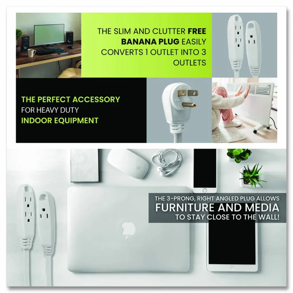 GoGreen Power 3 Outlet Indoor Extension Cord, 8 ft, 13 A, White