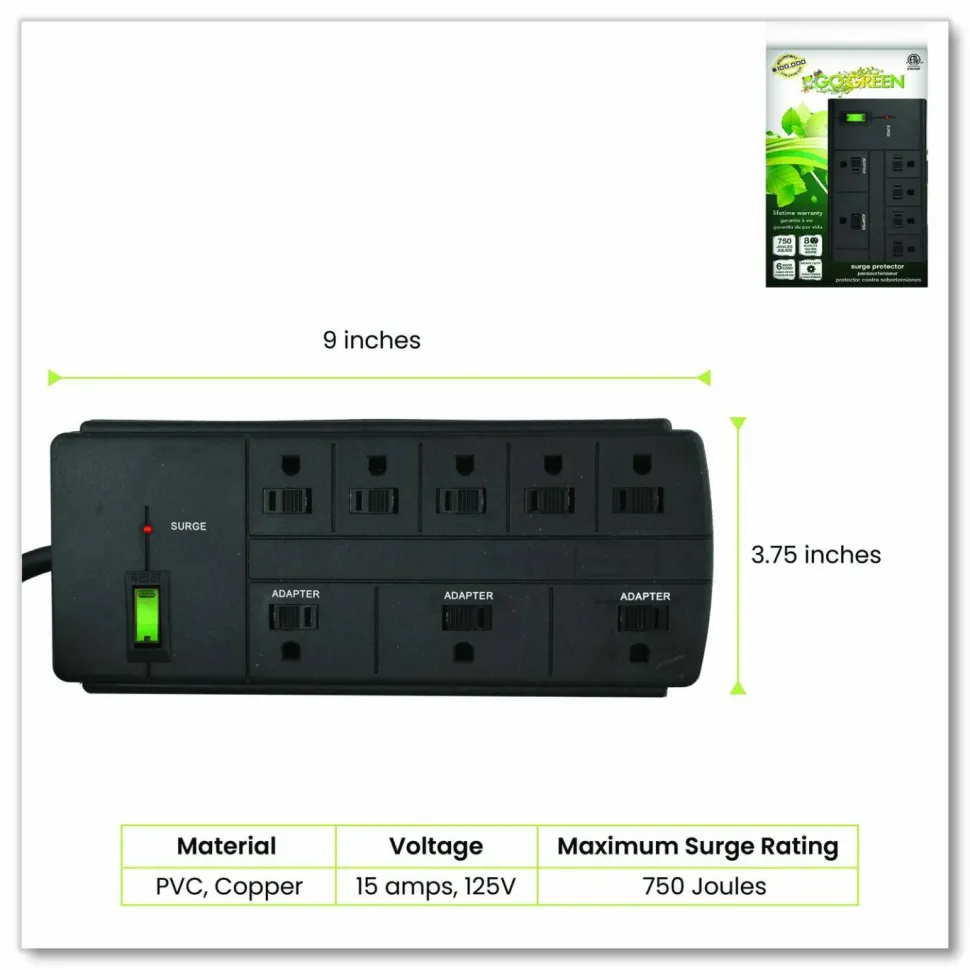GoGreen Power 8 Outlet Surge Protector, 6 ft Cord, 750 J, Black