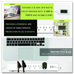 GoGreen Power 6 Outlet Surge Protector with USB, 6 AC Outlets/3 USB Ports, 6 ft Cord, 450 J, White