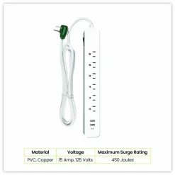 GoGreen Power 6 Outlet Surge Protector with USB, 6 AC Outlets/3 USB Ports, 6 ft Cord, 450 J, White