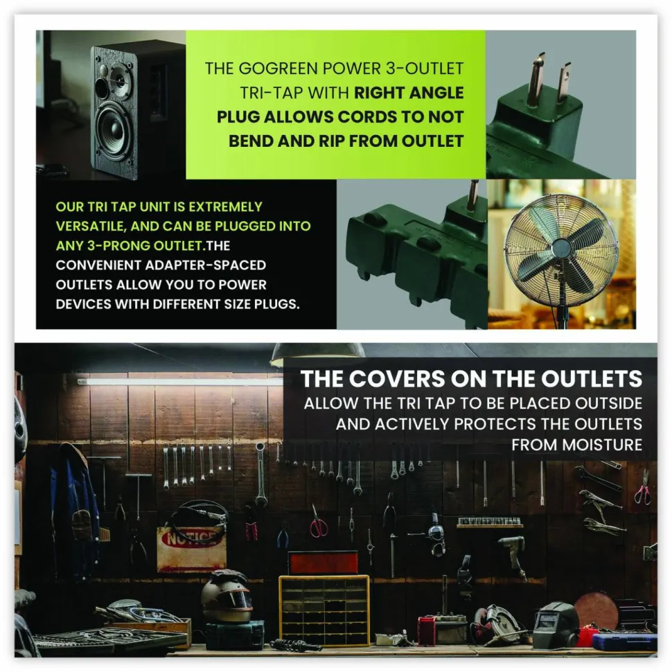 GoGreen Power 3-Outlet Tri Tap Adapter with Covers, 3 Outlets, Green