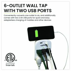 GoGreen Power 6 Outlet 4 USB Wall Tap, 735 J, White