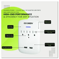 GoGreen Power 3 Outlet 2 USB Wall Tap, 735 J, White
