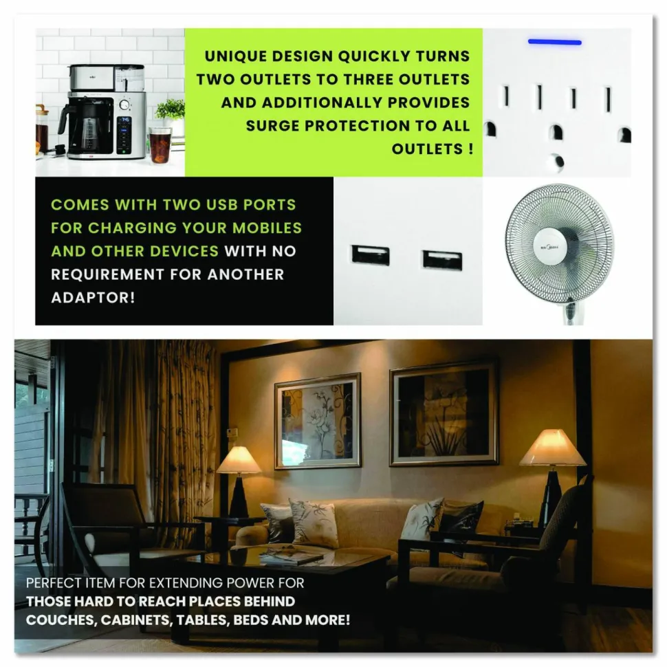 GoGreen Power 3 Outlet 2 USB Wall Tap, 735 J, White