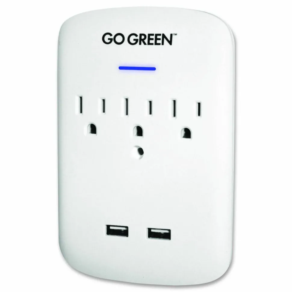 GoGreen Power 3 Outlet 2 USB Wall Tap, 735 J, White