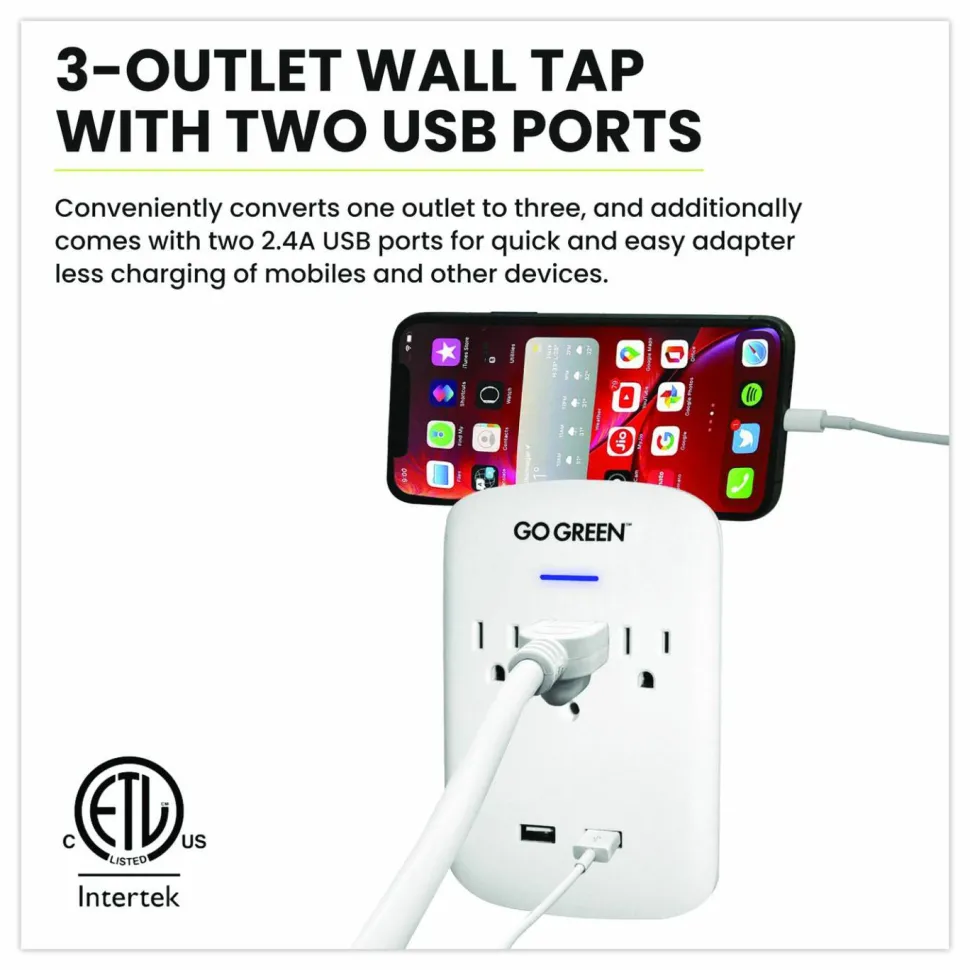 GoGreen Power 3 Outlet 2 USB Wall Tap, 735 J, White
