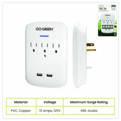 GoGreen Power 3 Outlet 2 USB Wall Tap, 735 J, White