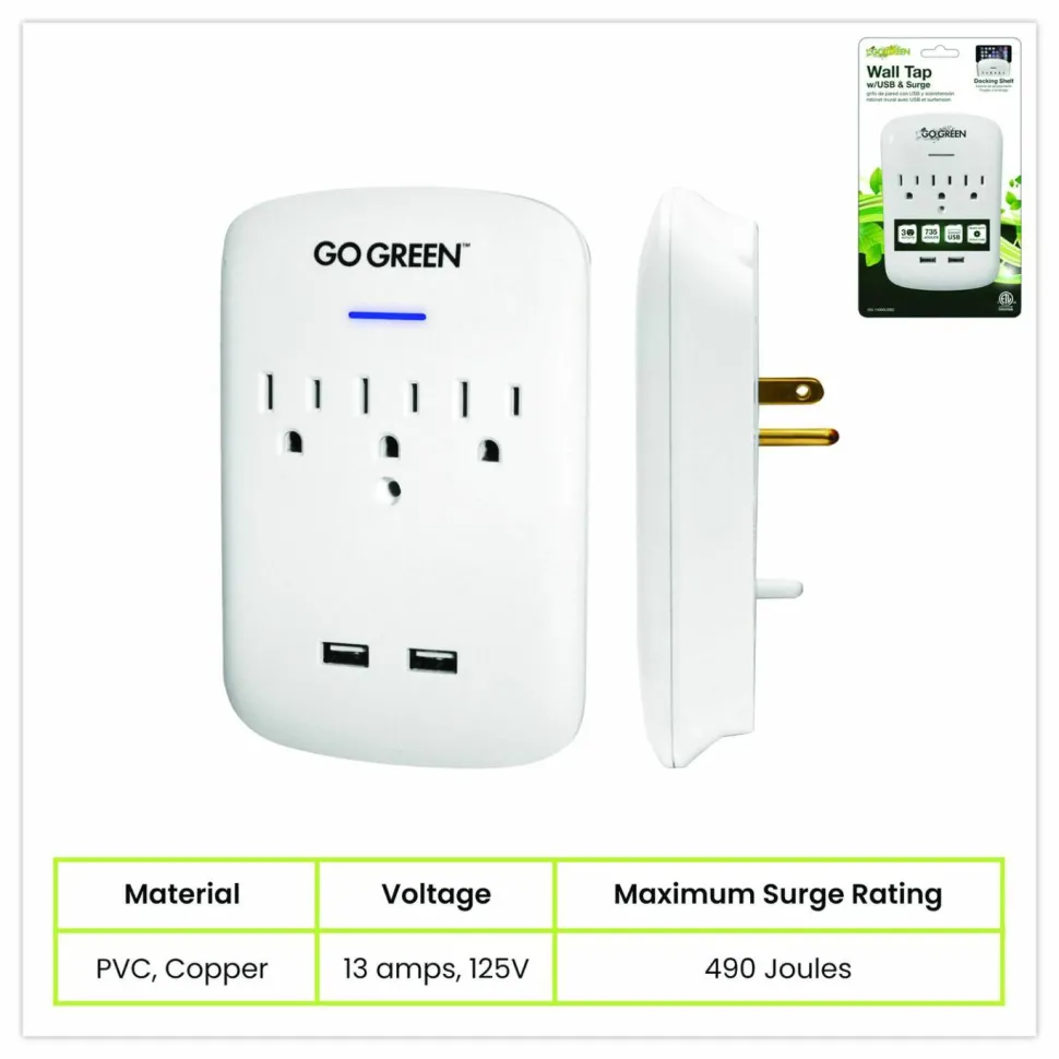 GoGreen Power 3 Outlet 2 USB Wall Tap, 735 J, White