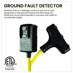 GoGreen Power Portable Tri-Tap with GFCI, 3 Outlets, 2 ft Cord, Yellow