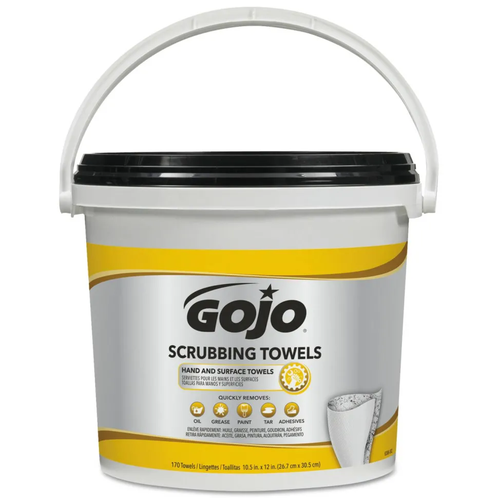 GOJO Scrubbing Towels, Hand Cleaning, Orange Scent, White/Yellow, 170/Bucket, 2 Buckets/Carton