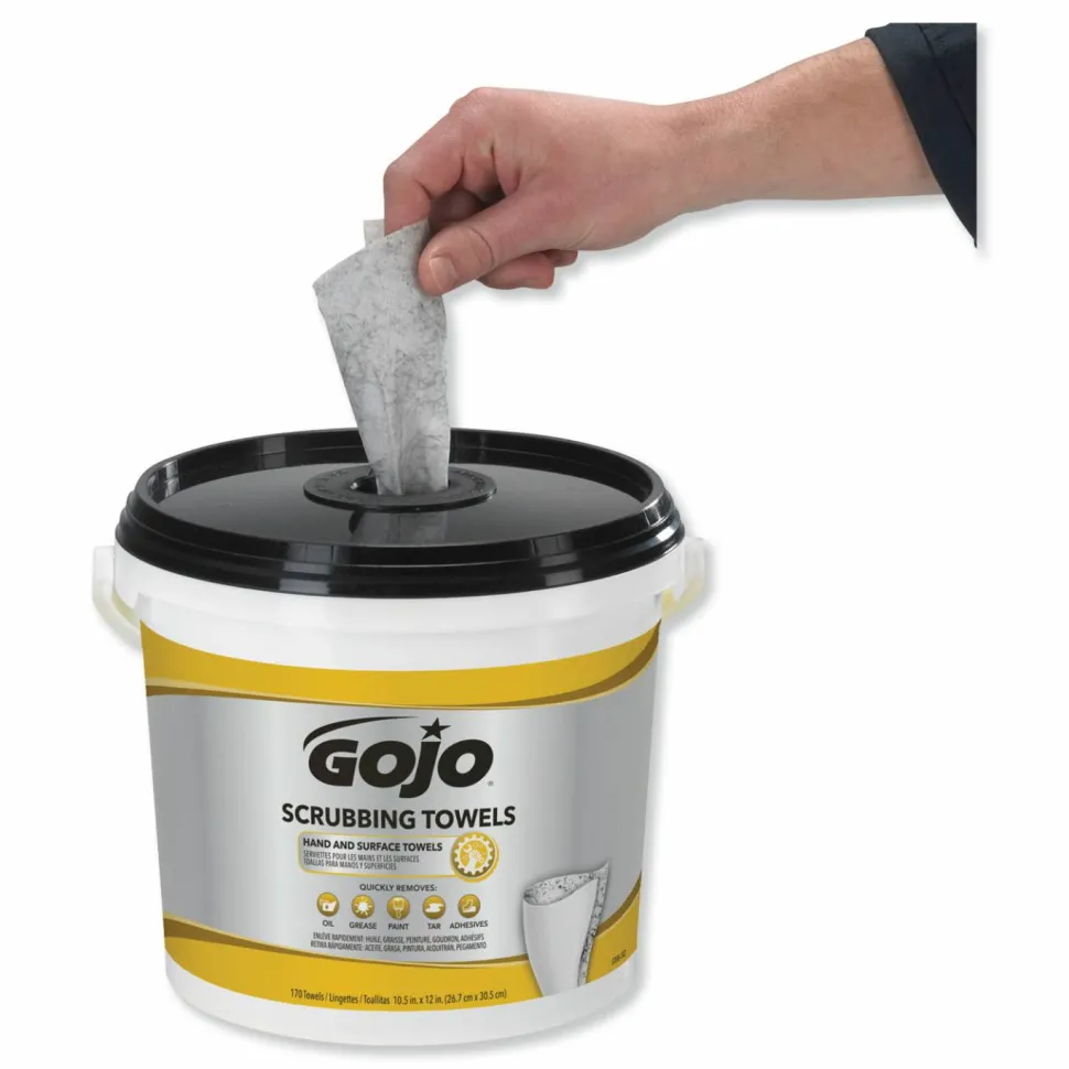 GOJO Scrubbing Towels, Hand Cleaning, Orange Scent, White/Yellow, 170/Bucket, 2 Buckets/Carton