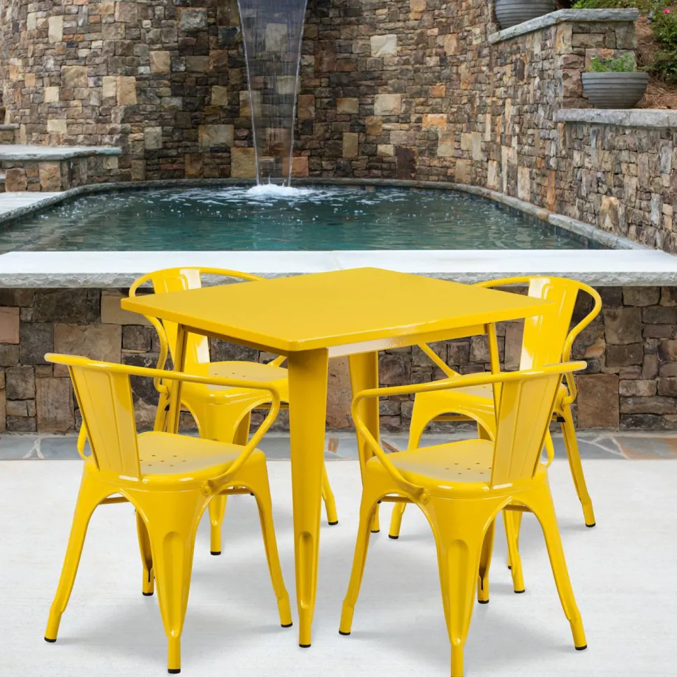 Grady Commercial Grade 31.5" Square Yellow Metal Indoor-Outdoor Table Set with 4 Arm Chairs