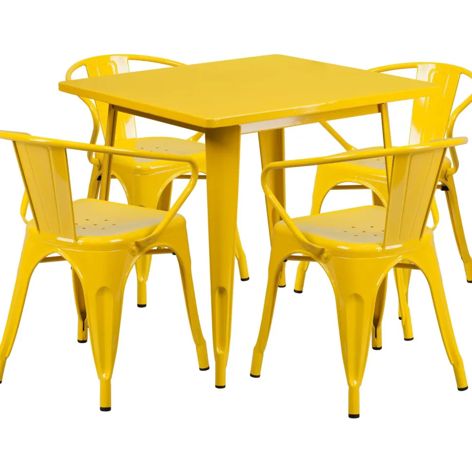Grady Commercial Grade 31.5" Square Yellow Metal Indoor-Outdoor Table Set with 4 Arm Chairs