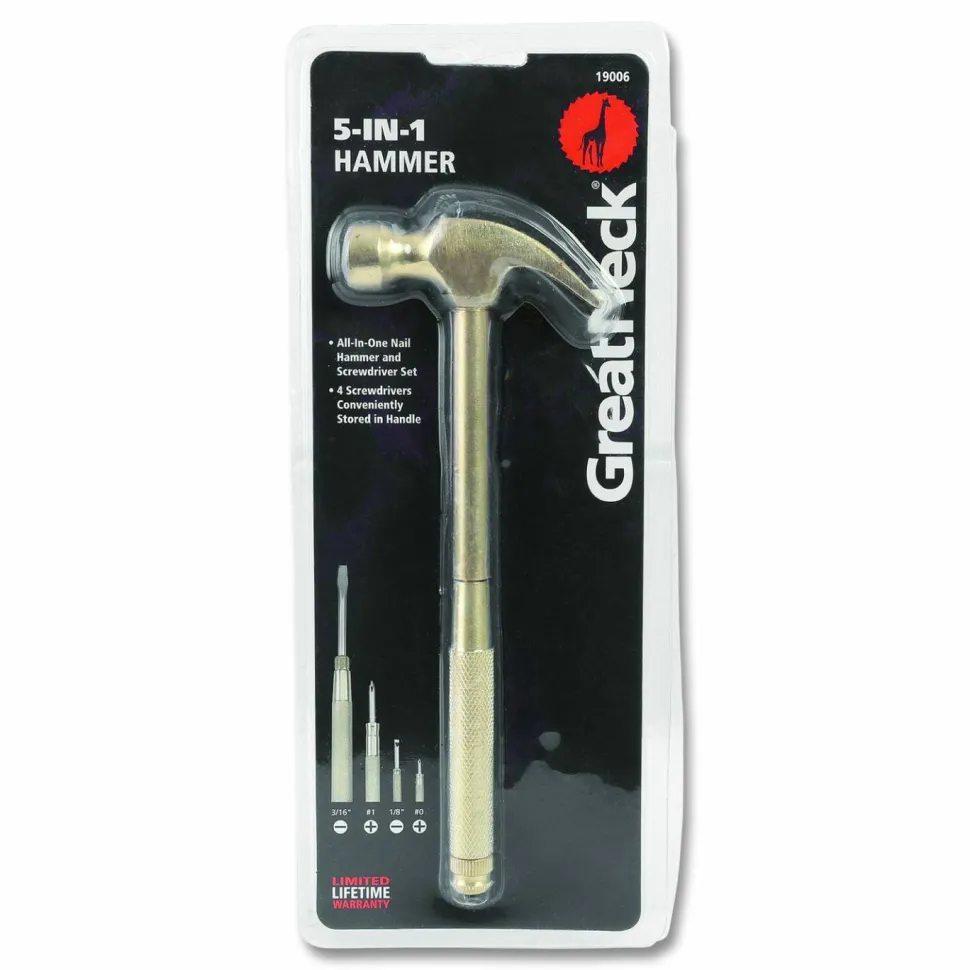 Great Neck 5-in-1 Carpenter's Hammer with Nesting Handle Containing Four Screwdrivers, 6.5" Long Gold Handle