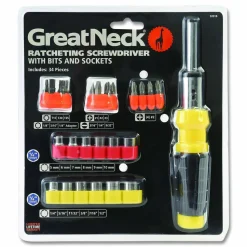 Great Neck Ratcheting Screw/Nut Driver Set, 34-Piece, Hex/Phillips/Slotted/Star Bits, Metric/SAE Sockets, 8
