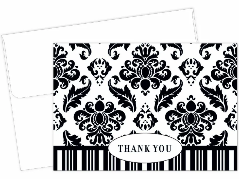 Great Papers! Note Card and White Envelopes, Thank You, Black and White Damask, 4.875" x 3.375"(folded), 50 count