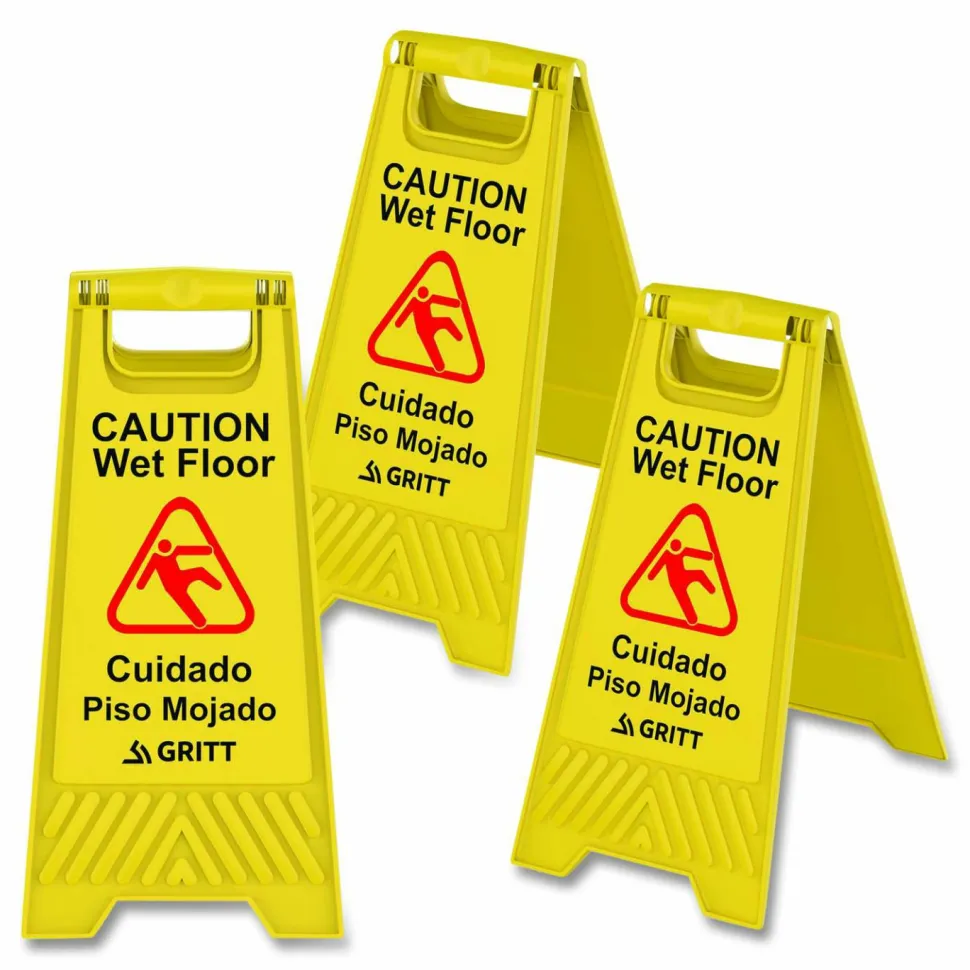 Gritt Commercial Caution Wet Floor Sign, 11.8 x 12 x 24, Yellow, 3/Pack