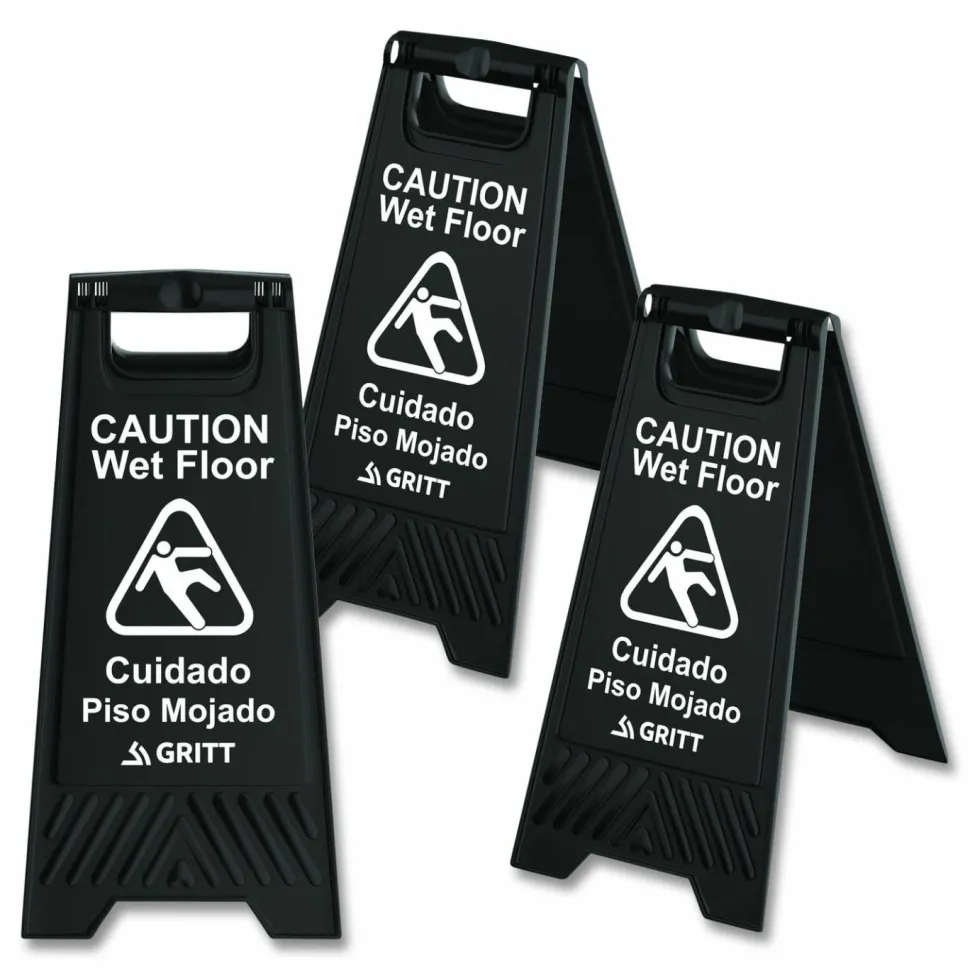 Gritt Commercial Caution Wet Floor Sign, 11.8 x 12 x 24, Black, 3/Pack