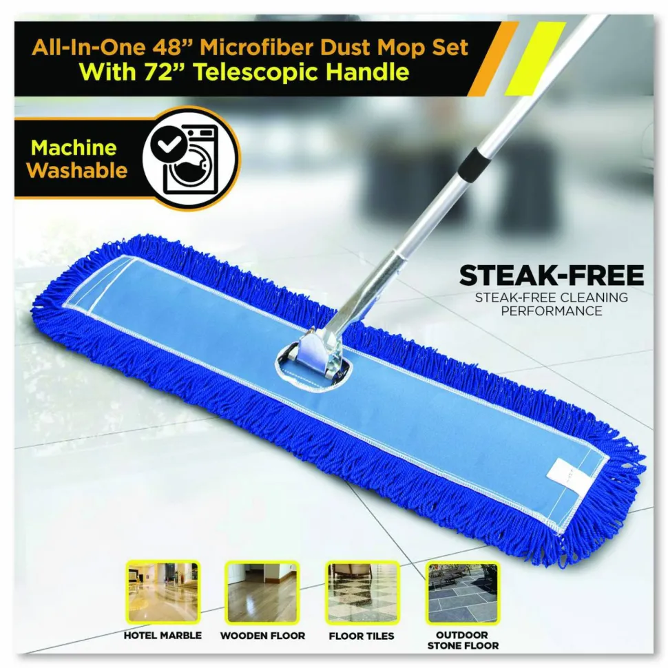 Gritt Commercial All-In-One Microfiber Dust Mop Set with Telescopic Handle, 48 x 5, Blue Microfiber Head, 40" to 72" Silver Aluminum Handle