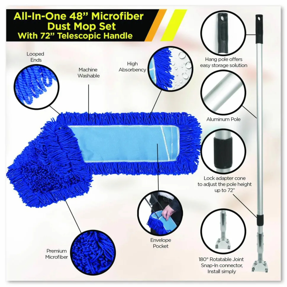 Gritt Commercial All-In-One Microfiber Dust Mop Set with Telescopic Handle, 48 x 5, Blue Microfiber Head, 40" to 72" Silver Aluminum Handle