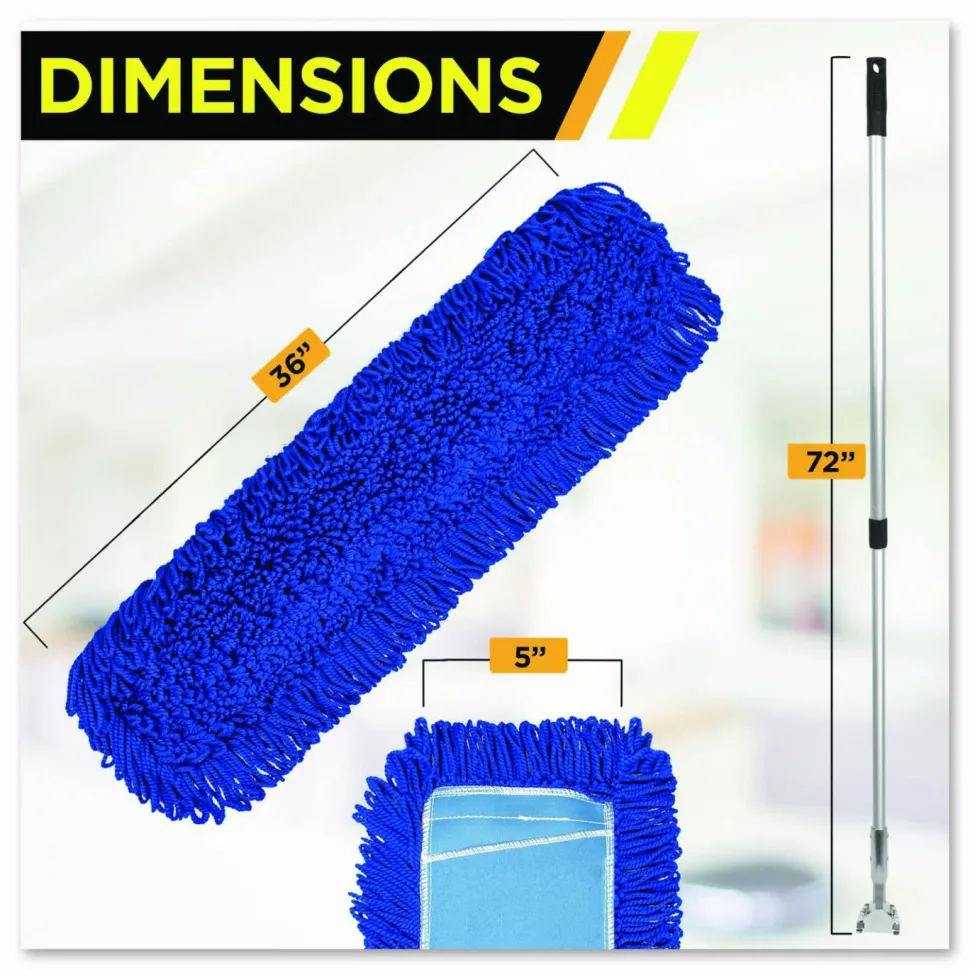 Gritt Commercial All-In-One Microfiber Dust Mop Set with Telescopic Handle, 36 x 5, Blue Microfiber Head, 72" Silver Aluminum Handle, 4/Kit